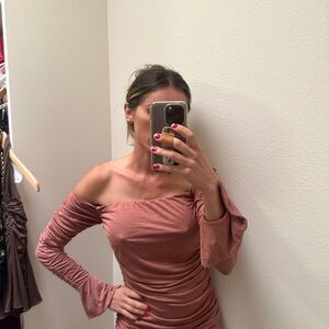 Wayf Off-Shoulder Long Sleeve Dress in Pink